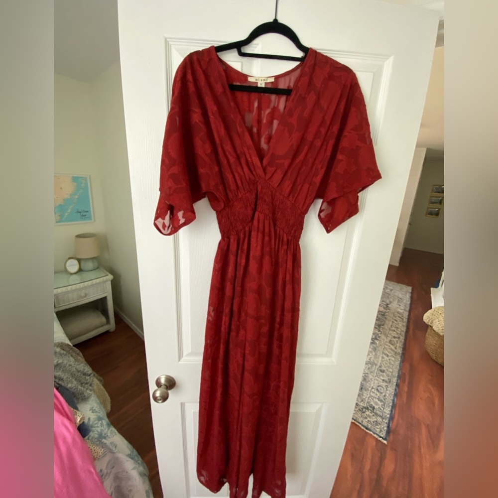 Women’s MIAMI BRAND red v-neck flutter-sleeve maxi dress with floral overlay